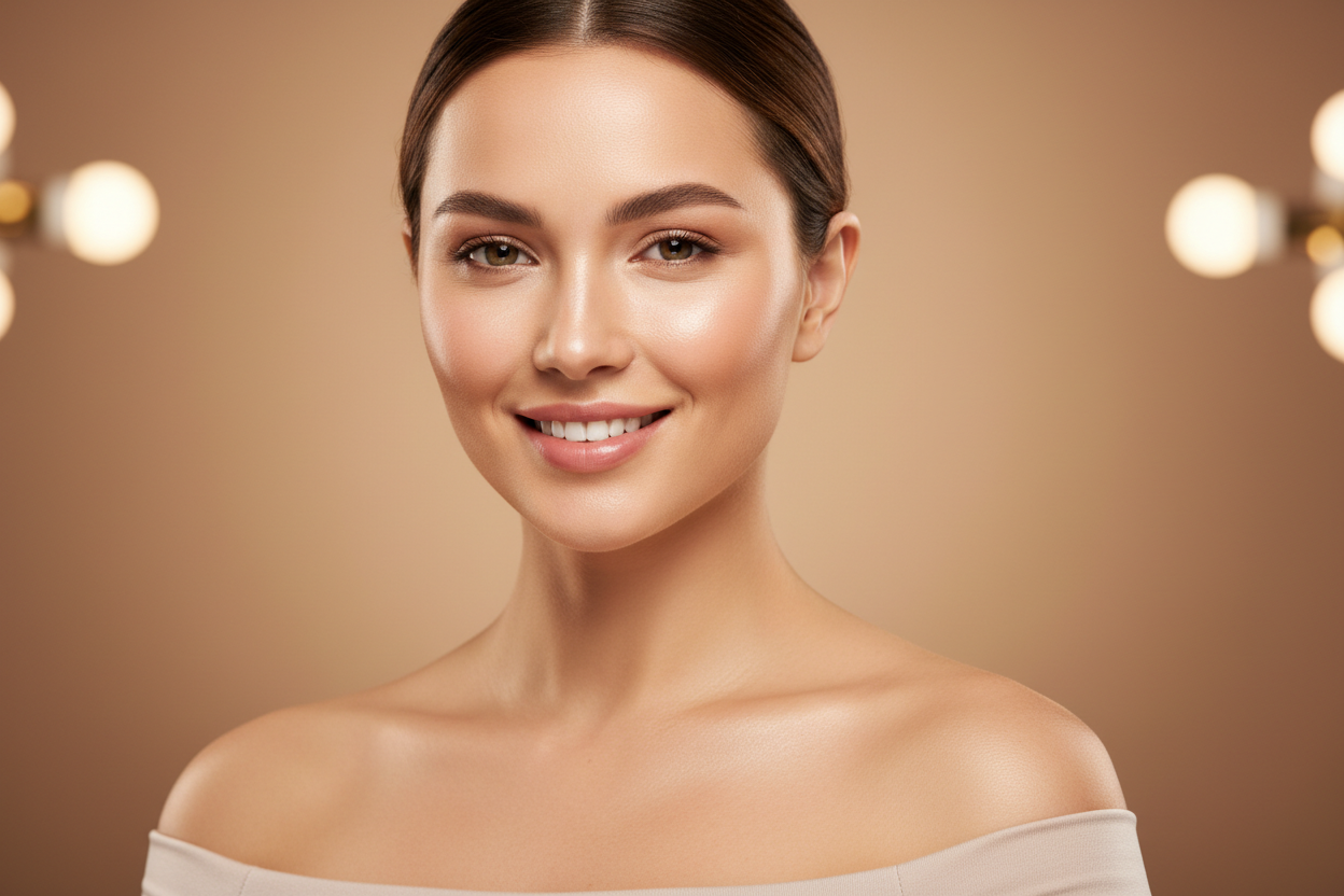 A lady who is showing off her rejuvenated face, neck and chest from having a course of skin treatments at Living Skin