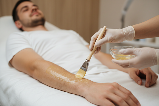 Could he be lying or sitting on the bed, emphases on him and the treatment not the salon